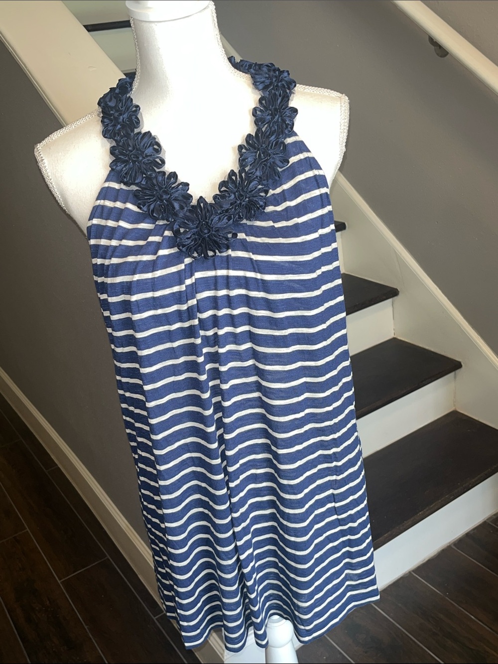 INC International Concepts Navy and White Striped Top Flower detailing XL